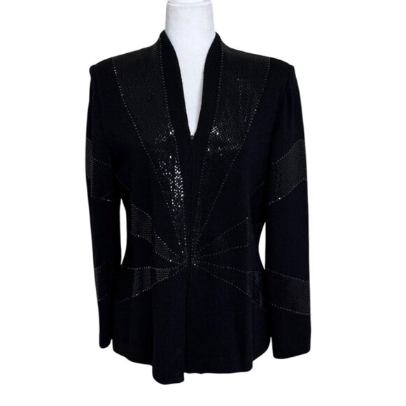 St. John Evening Marie Gray Jacket Santana Knit Black Sequin Zip Size 8 - READ - Picture 1 of 9